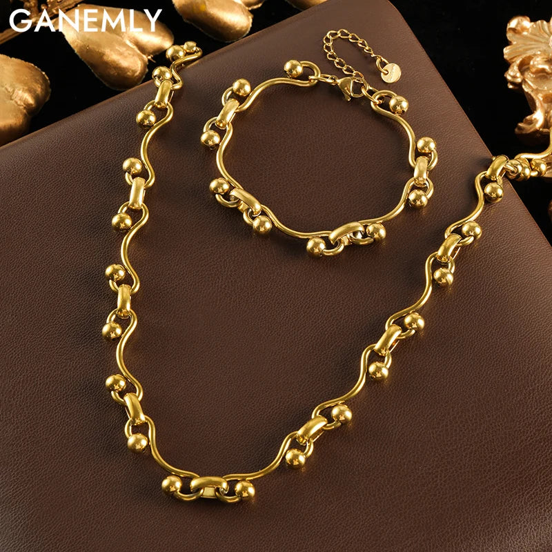 Gold Beads Chain Necklace & Bracelet Set
