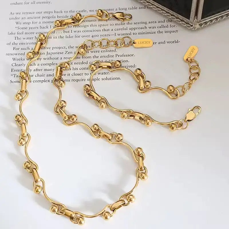 Gold Beads Chain Necklace & Bracelet Set