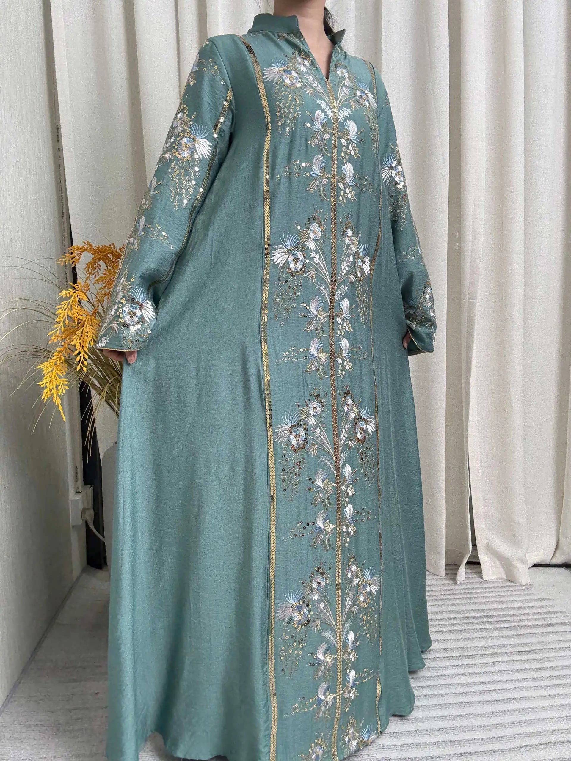 Teal Stand Collar Floral Embroidery Abaya