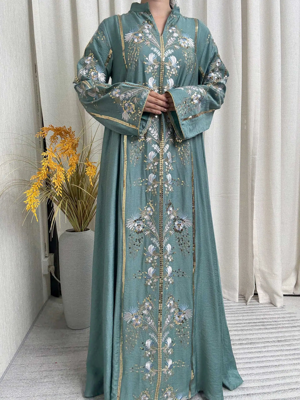 Teal Stand Collar Floral Embroidery Abaya