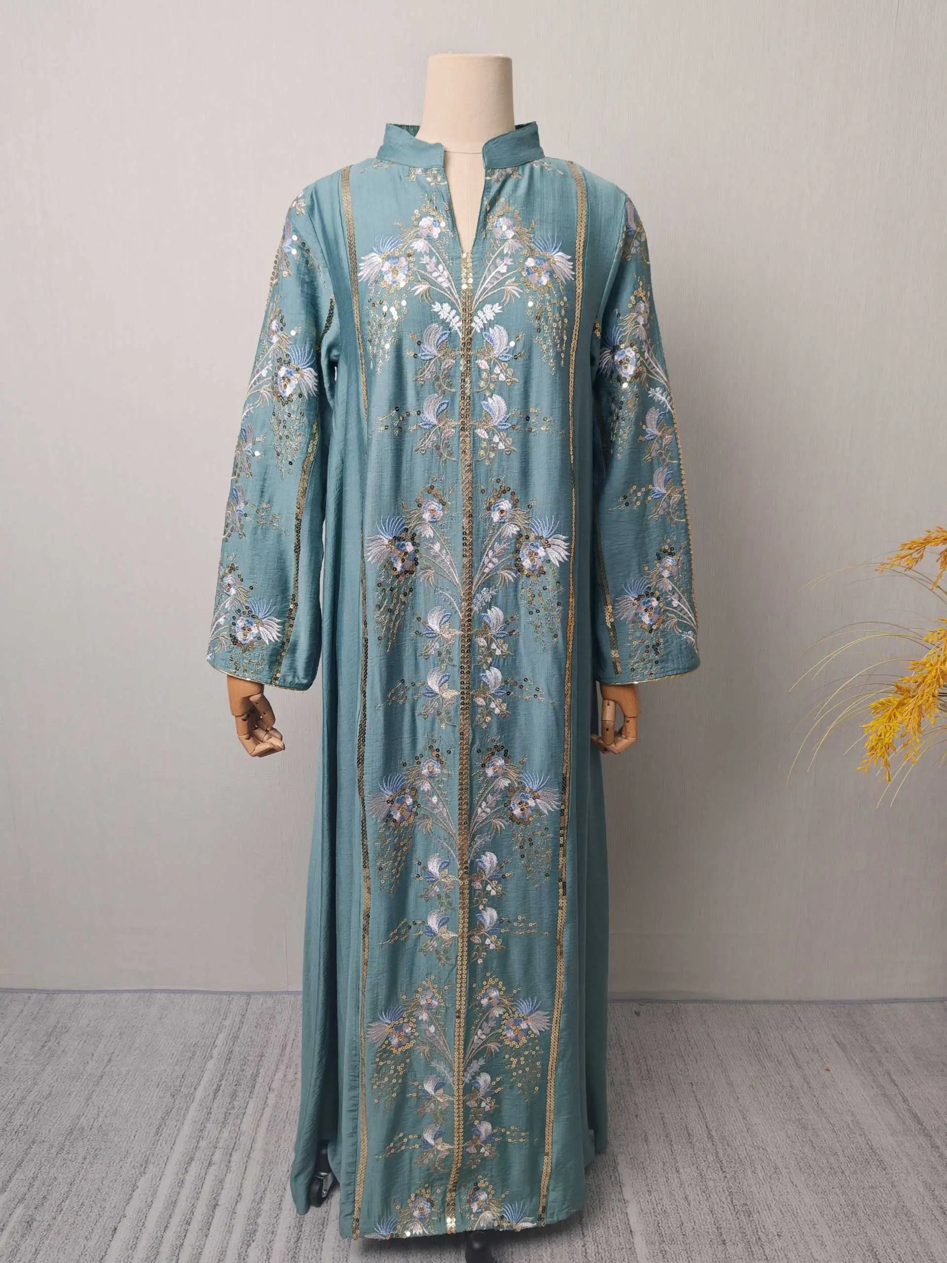 Teal Stand Collar Floral Embroidery Abaya