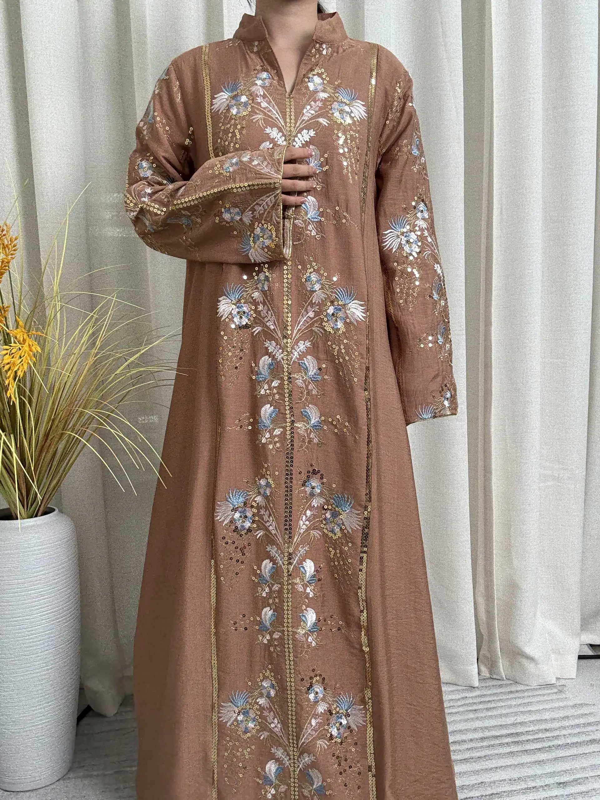 Teal Stand Collar Floral Embroidery Abaya