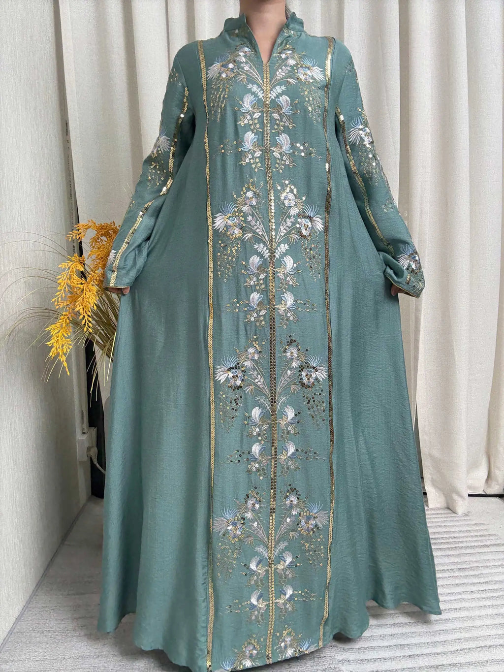Teal Stand Collar Floral Embroidery Abaya