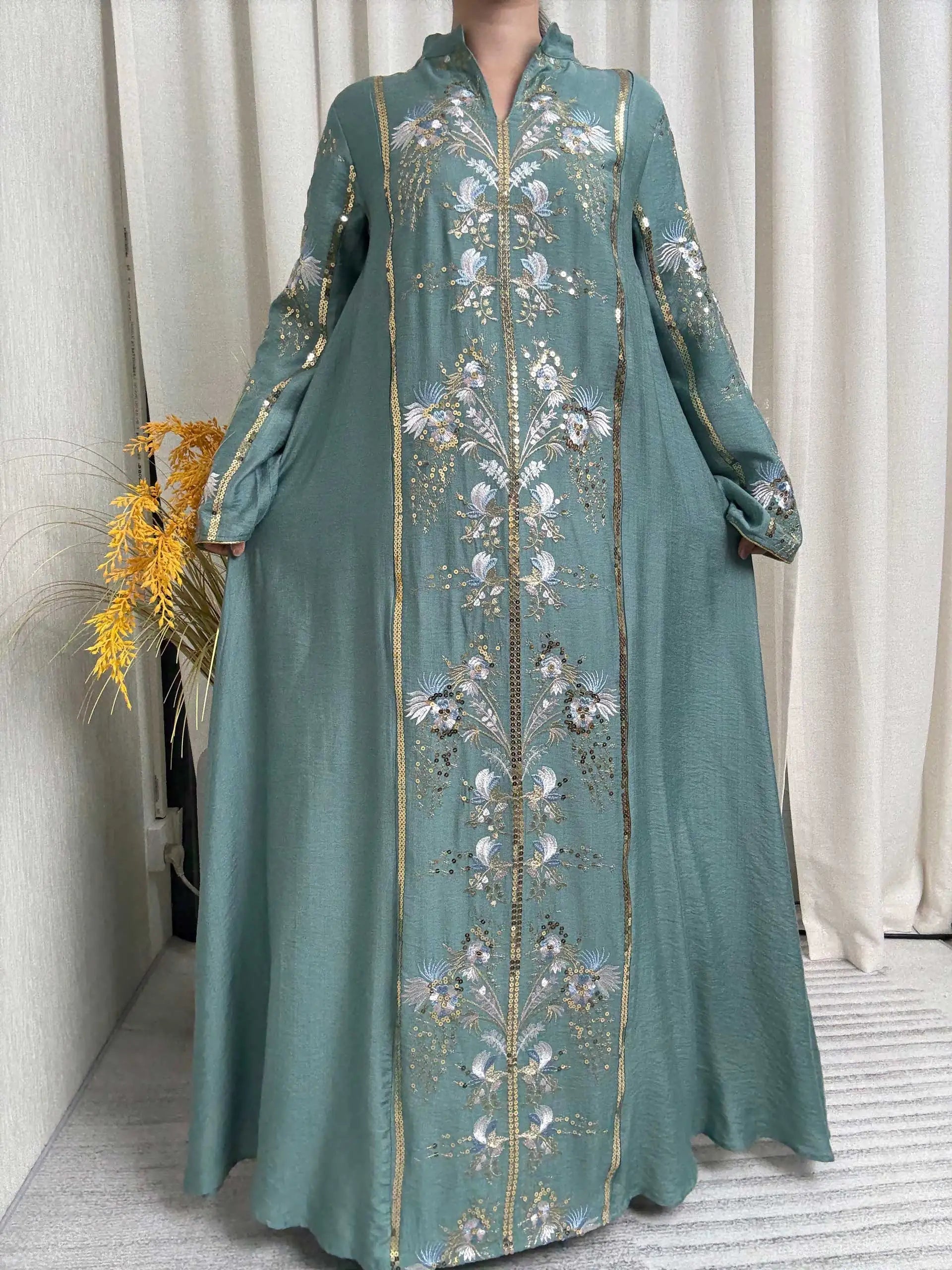 Teal Stand Collar Floral Embroidery Abaya