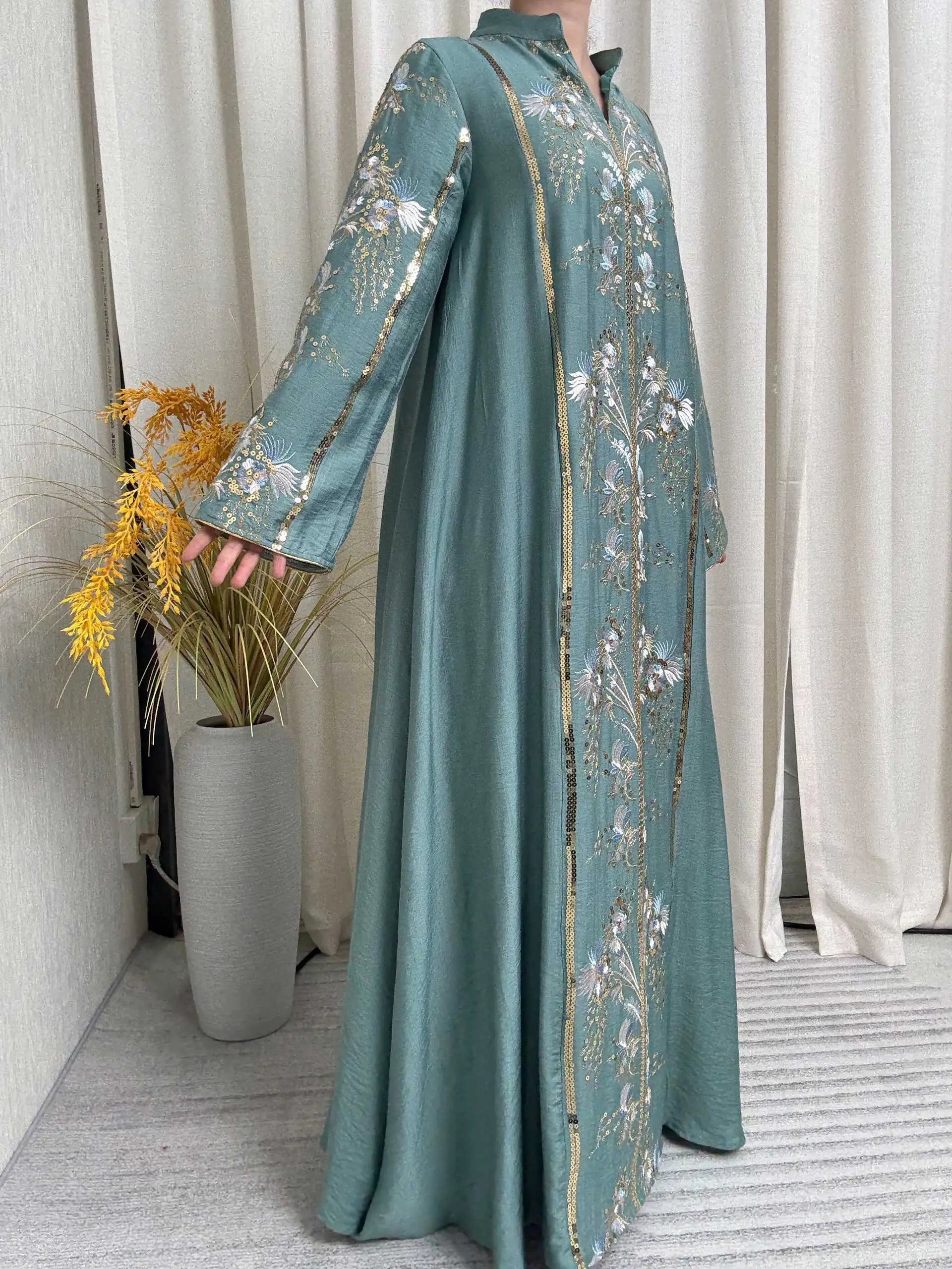 Teal Stand Collar Floral Embroidery Abaya