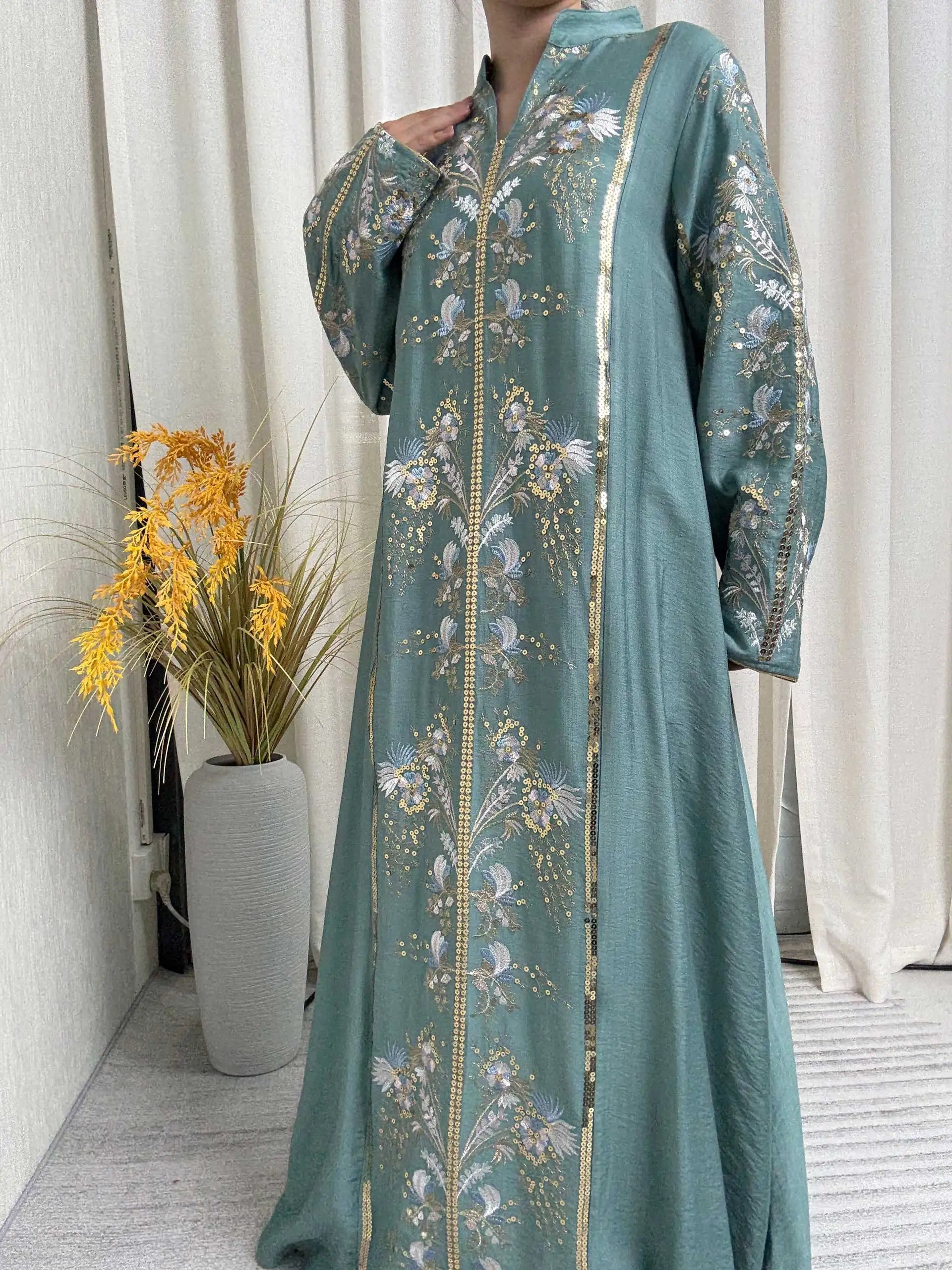 Teal Stand Collar Floral Embroidery Abaya
