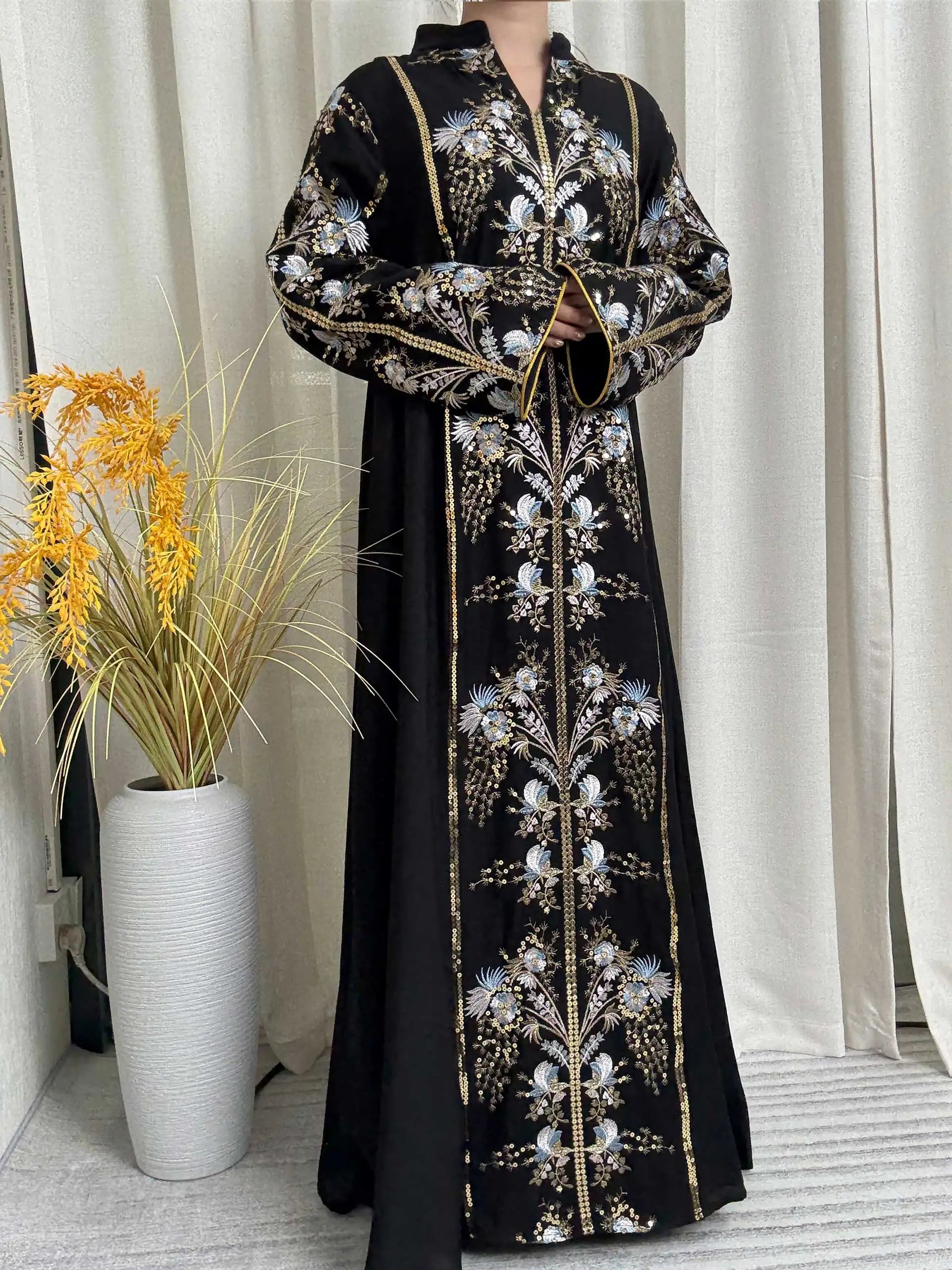 Teal Stand Collar Floral Embroidery Abaya