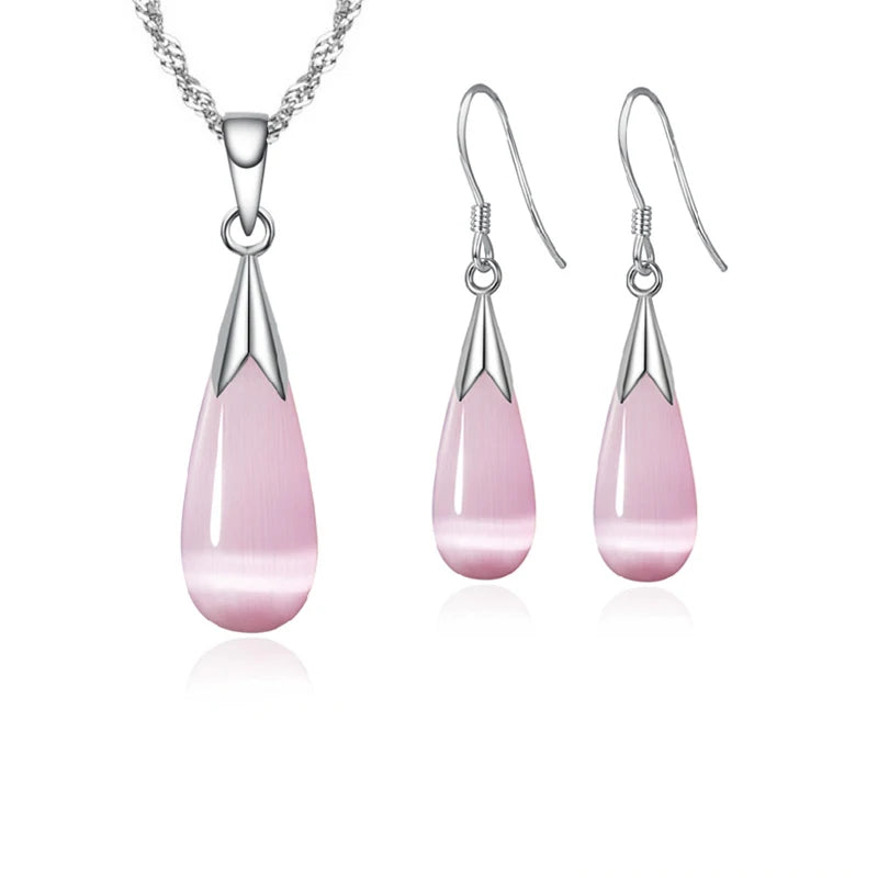 925 Sterling Silver Opal Cat Eye Stone Jewellery Set