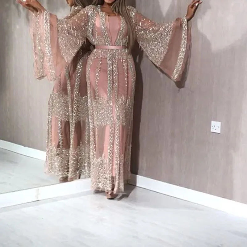 Luxury Embroidery Lace Sequin Abaya Two-Piece Set