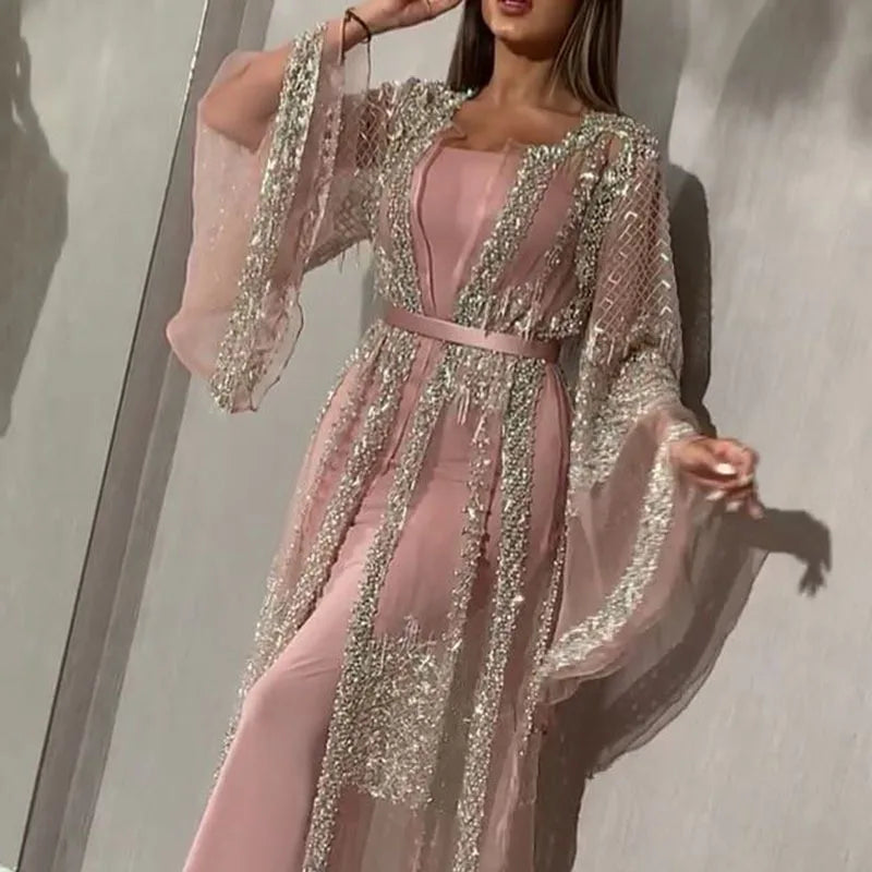 Luxury Embroidery Lace Sequin Abaya Two-Piece Set