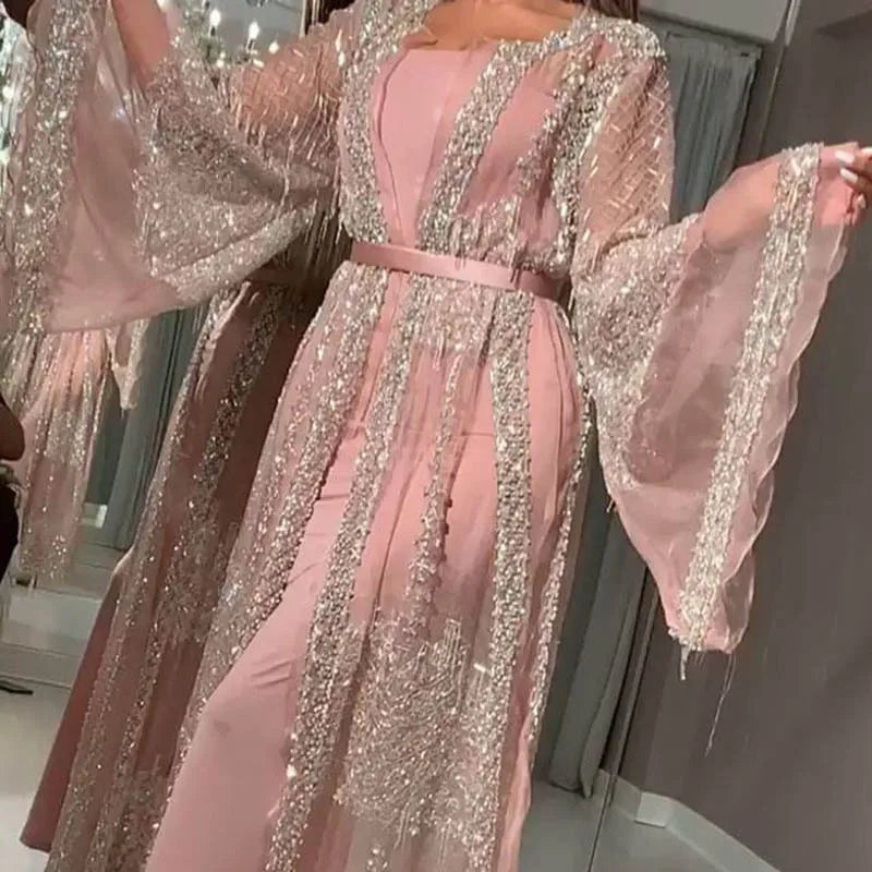 Luxury Embroidery Lace Sequin Abaya Two-Piece Set