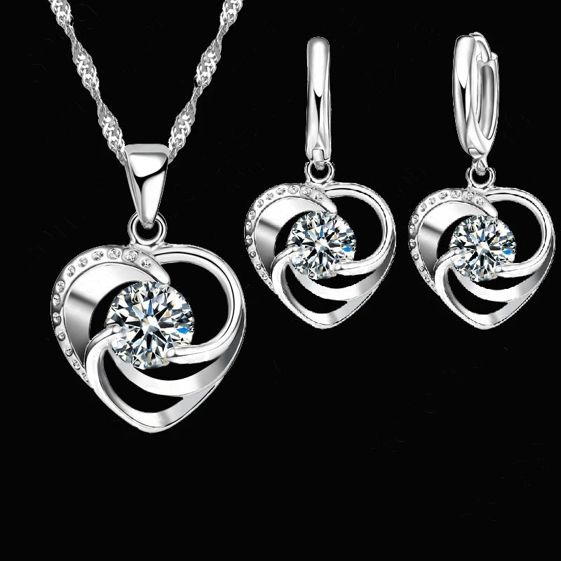 925 Sterling Silver Love Heart Necklace & Earrings Set
