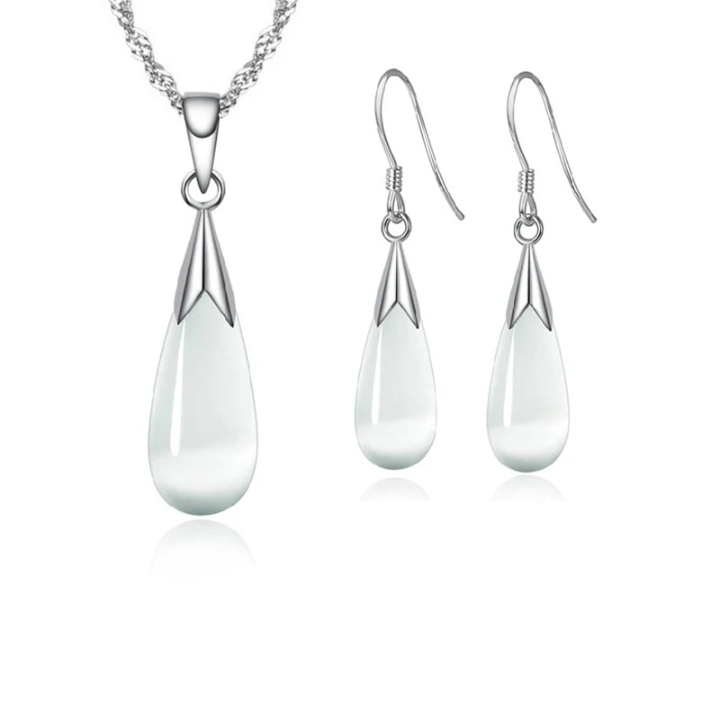 925 Sterling Silver Opal Cat Eye Stone Jewellery Set