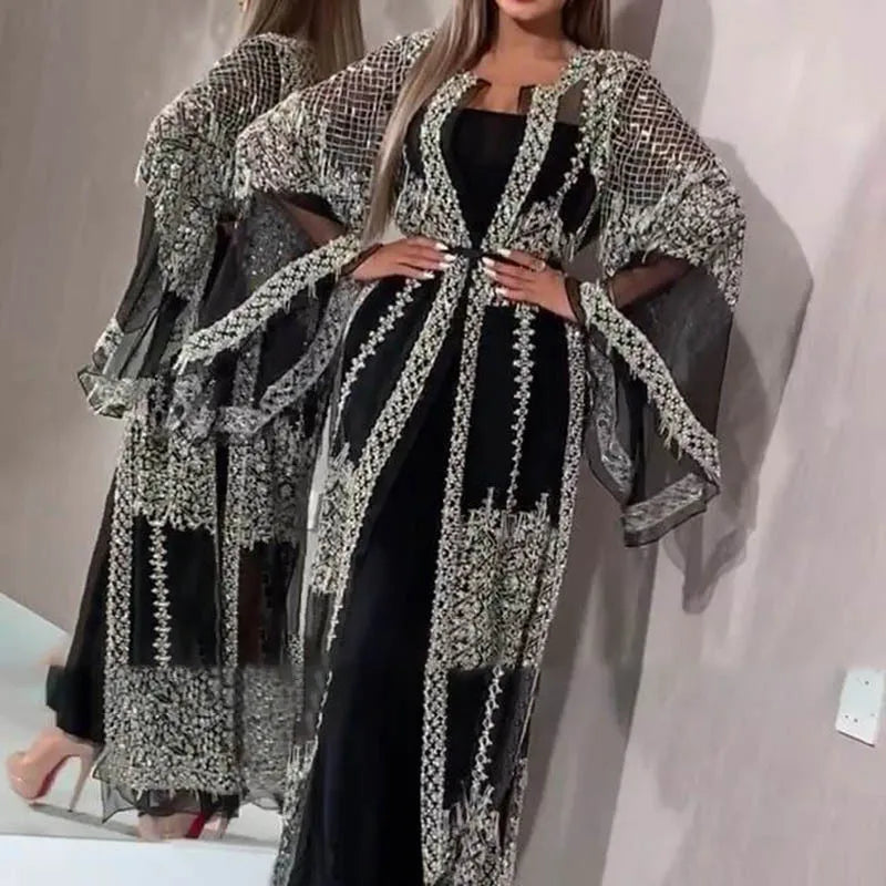 Luxury Embroidery Lace Sequin Abaya Two-Piece Set