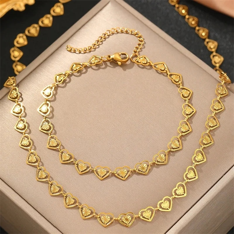 Gold Heart Necklace Bracelet & Earrings Set