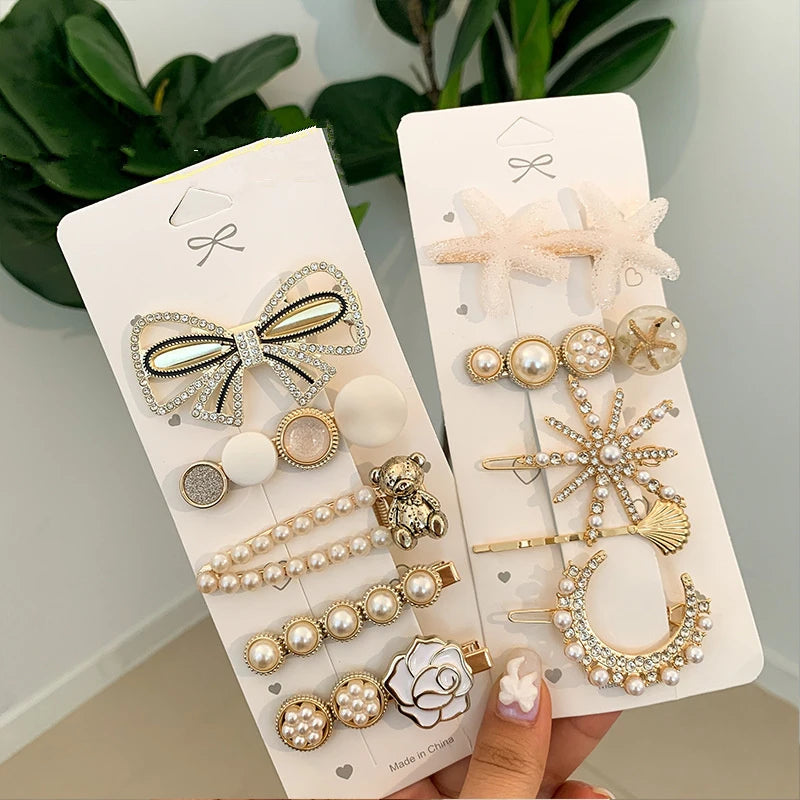 Handmade Pearl & Rhinestone Flower Hair Clips Set