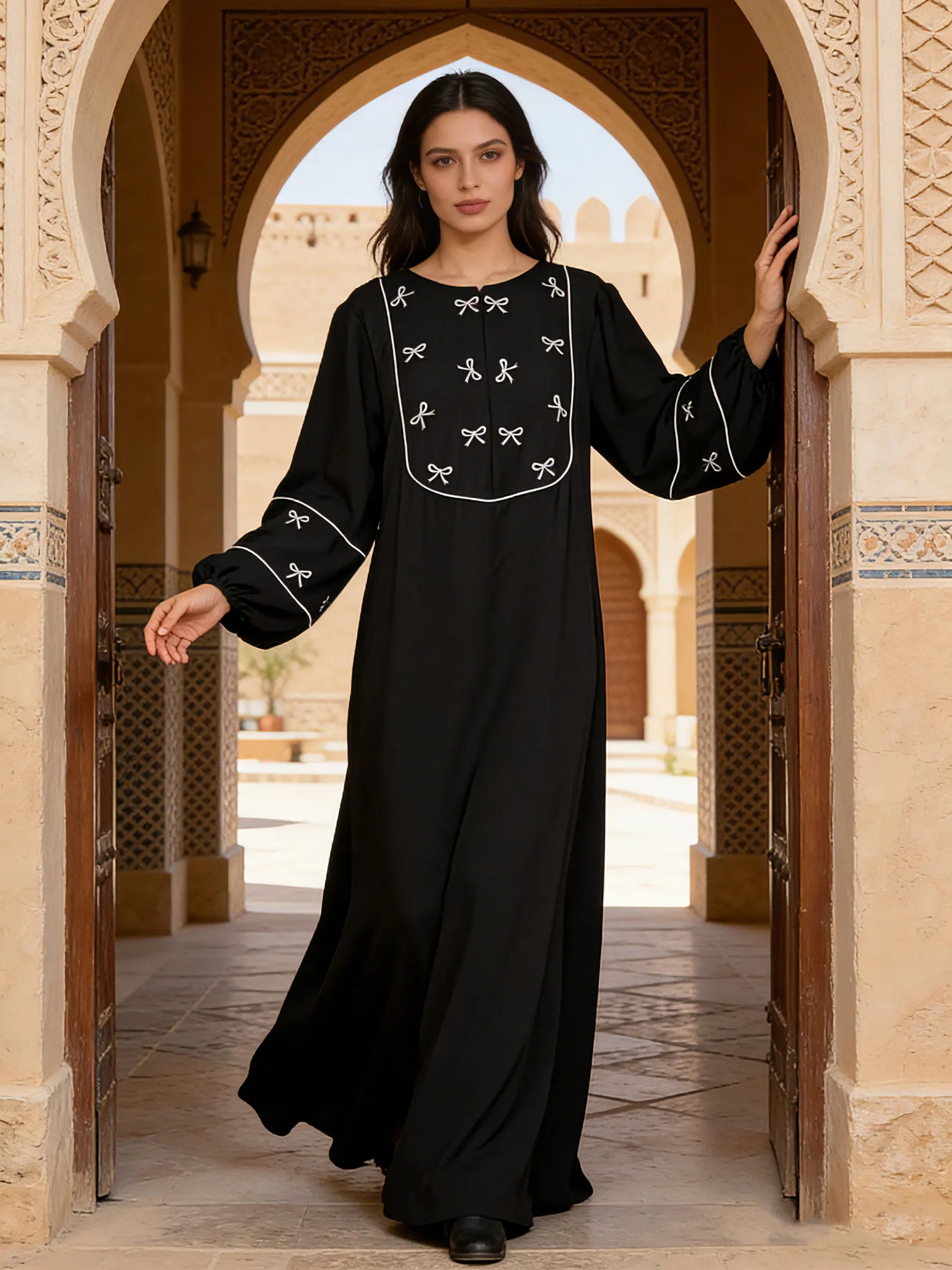 Black Abaya with White Bow Embroidery