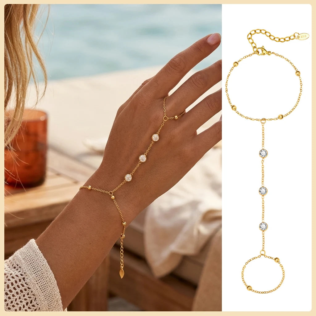 Gold Double Layer Hand Chain Ring Bracelet