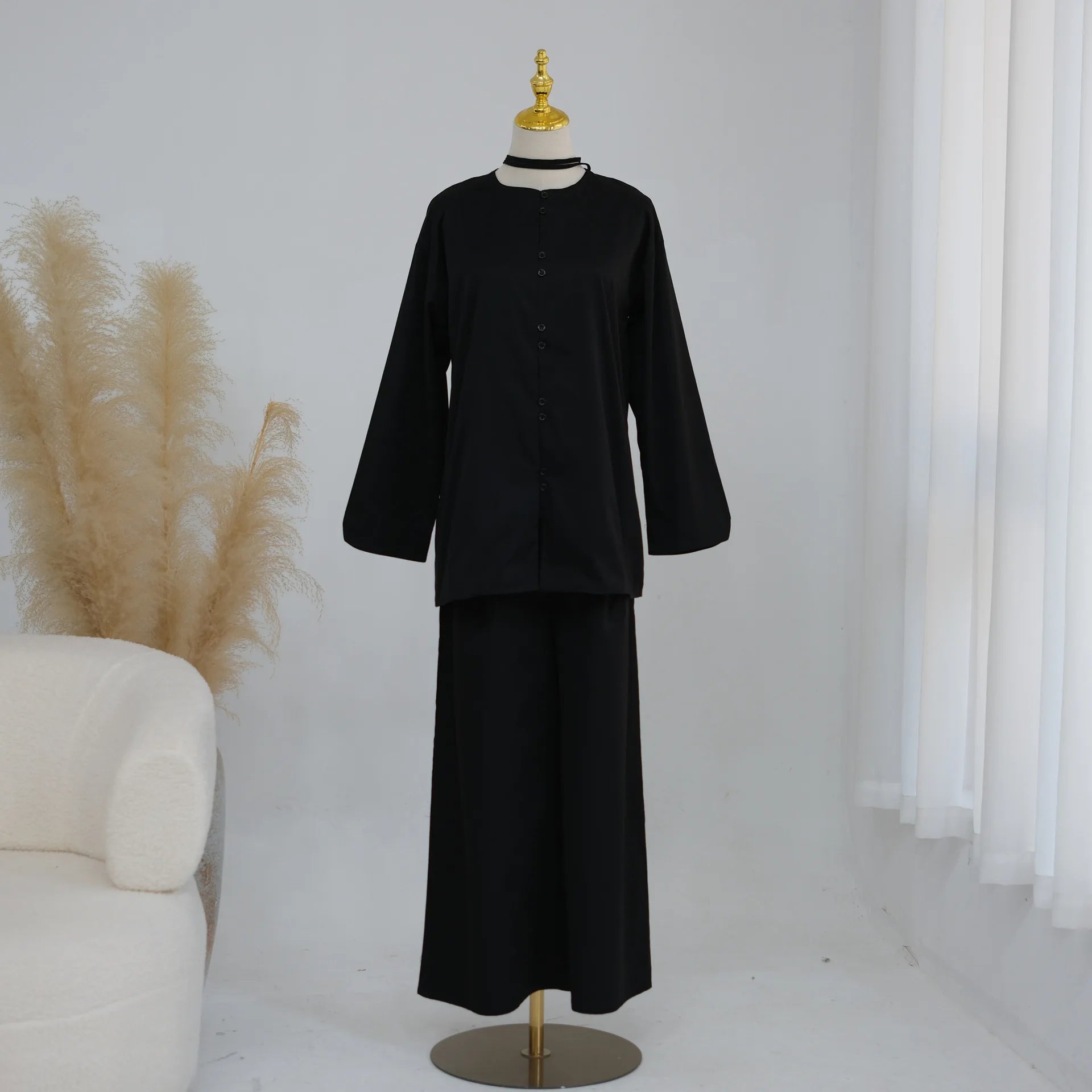 New Elegant Women Buttons Tops and Pants Muslim Set Dubai Abaya Kaftan Islam Clothing Modest Tracksuit Femme Musulmane Ensembles