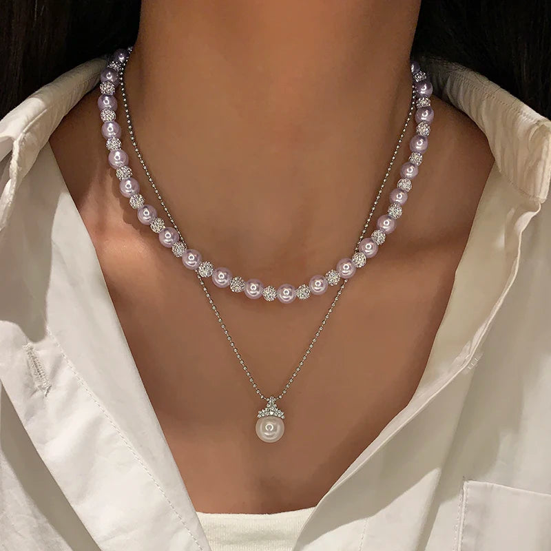 Rose Purple Pearl Bead Clavicle Chain Necklace