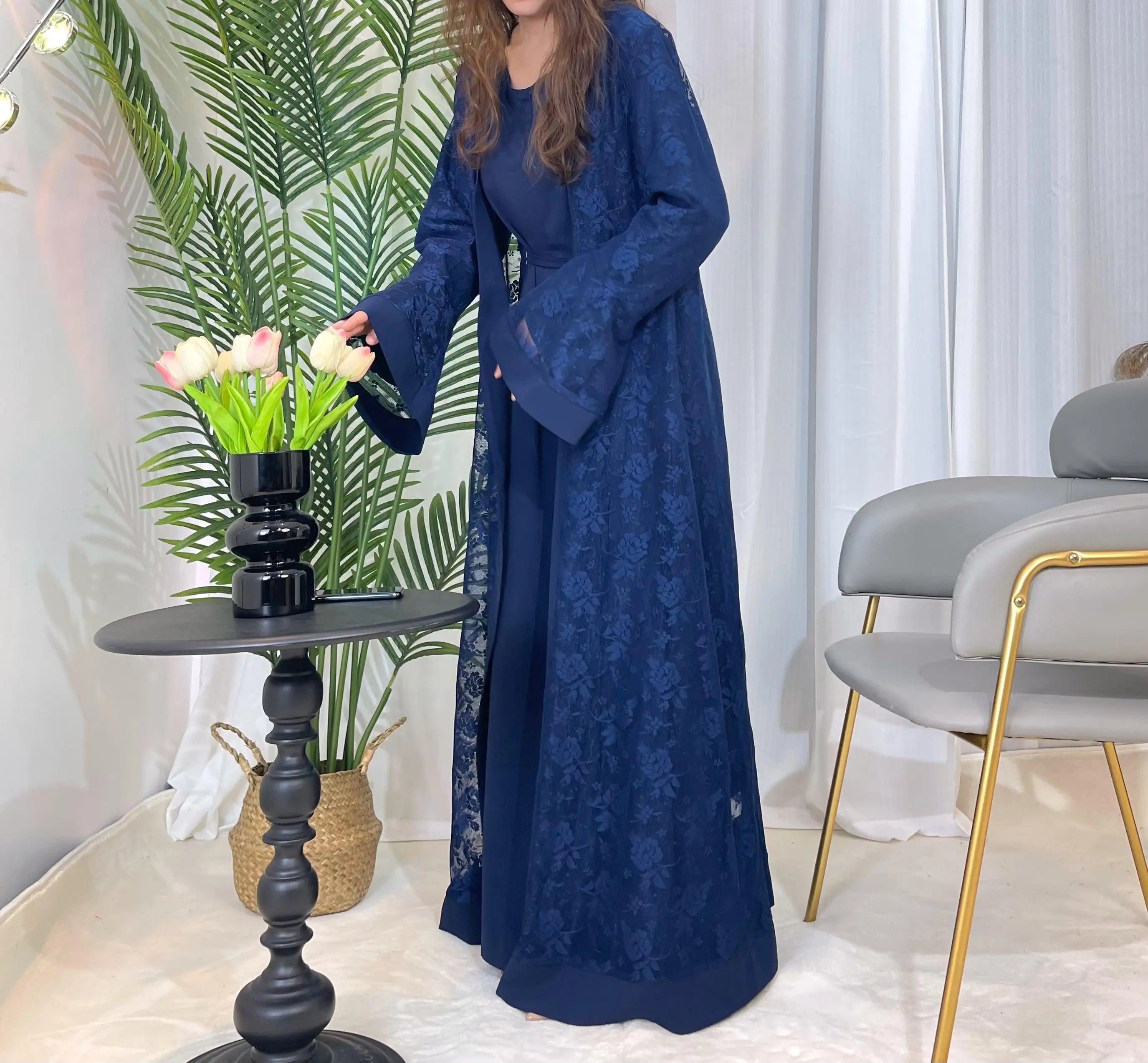 Lace Abaya Two-Piece Inner Dress & Cardigan Set