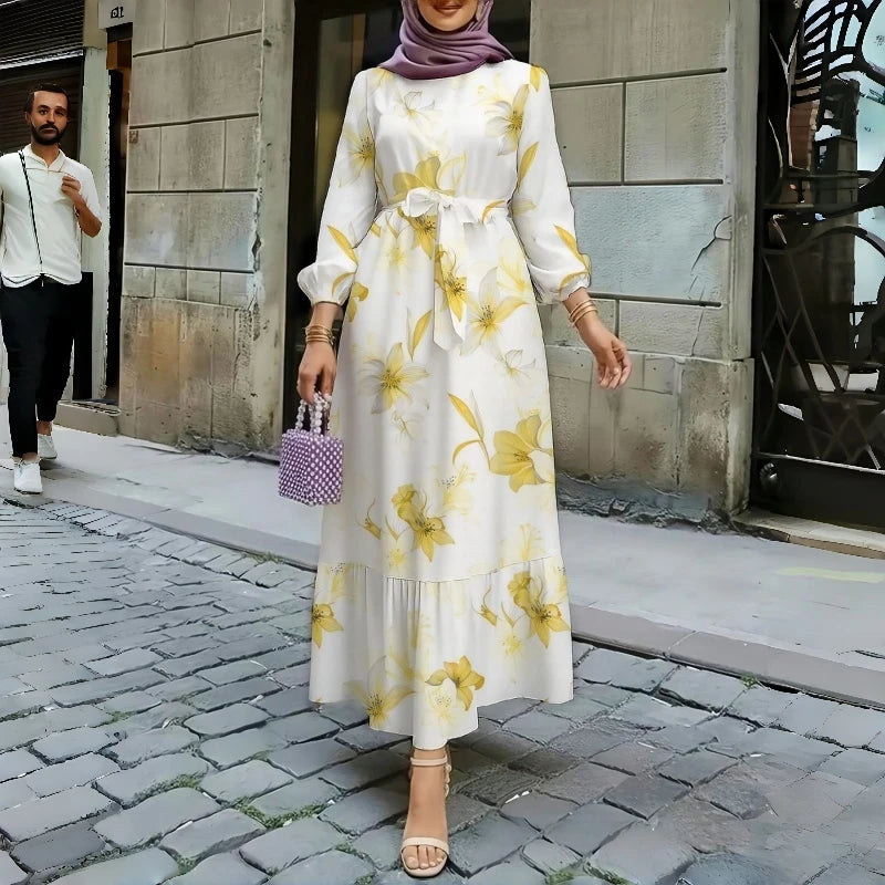 Floral Print Round Neck Ruffle Hem Modest Maxi Dress