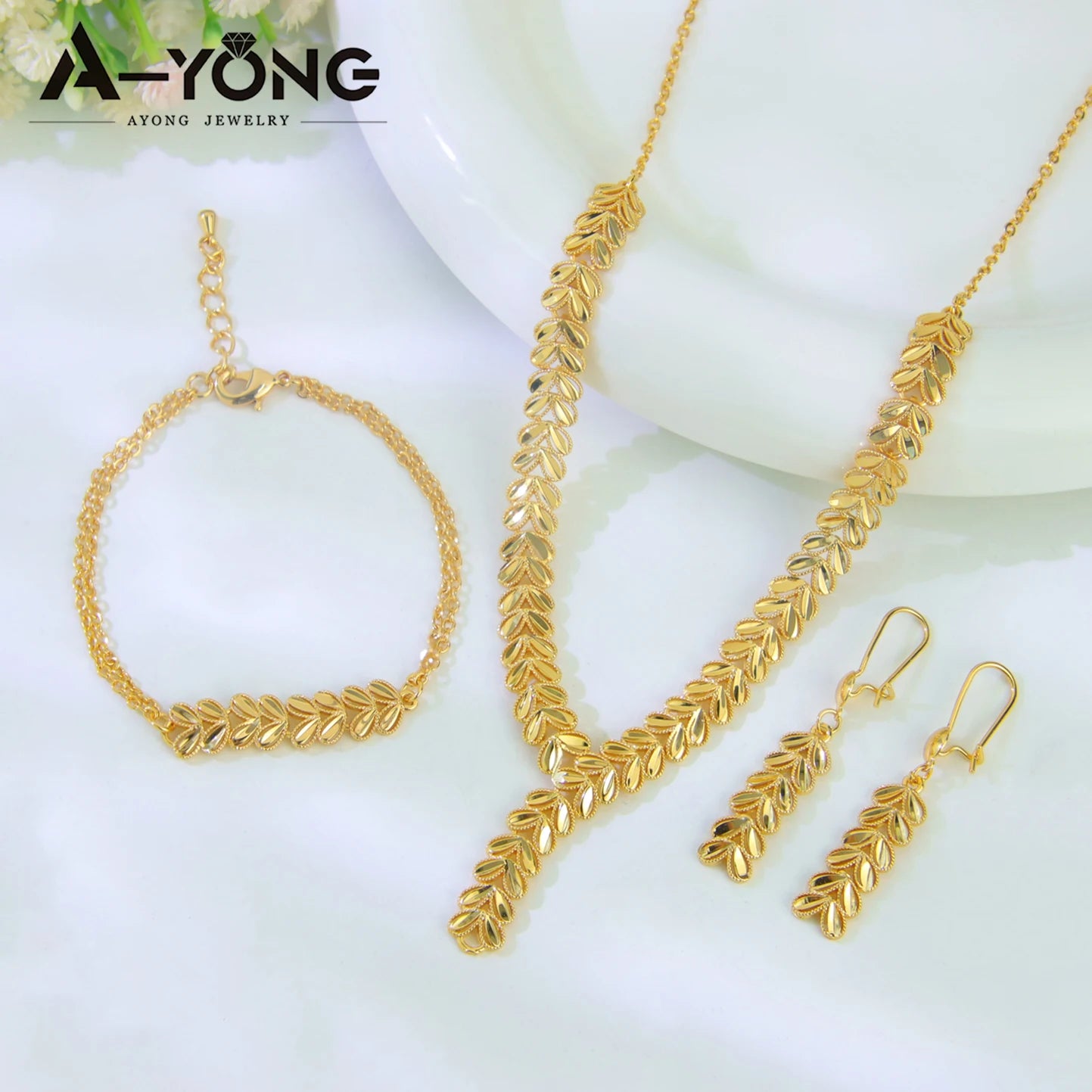 Dubai Wedding Gold Necklace Bracelet & Earrings Set