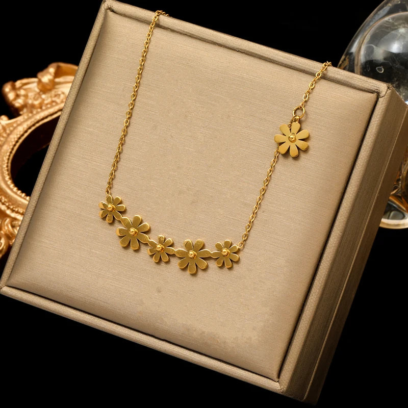 Gold Flower Stainless Steel Necklace & Bracelet Set
