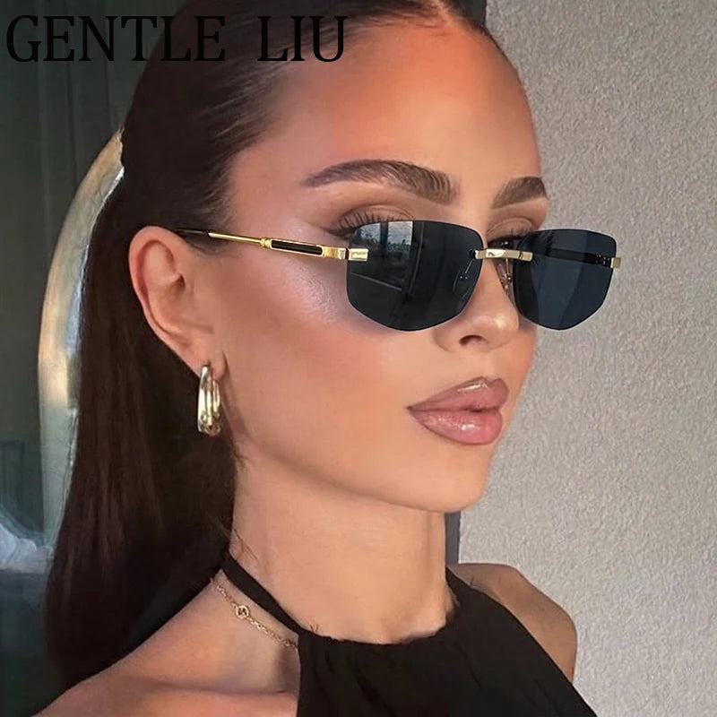 Steampunk Rimless Polygon Sunglasses Women 2026 Luxury Brand Classic Geometric Sun Glasses Metal Driving Fashion Eyewear Shades