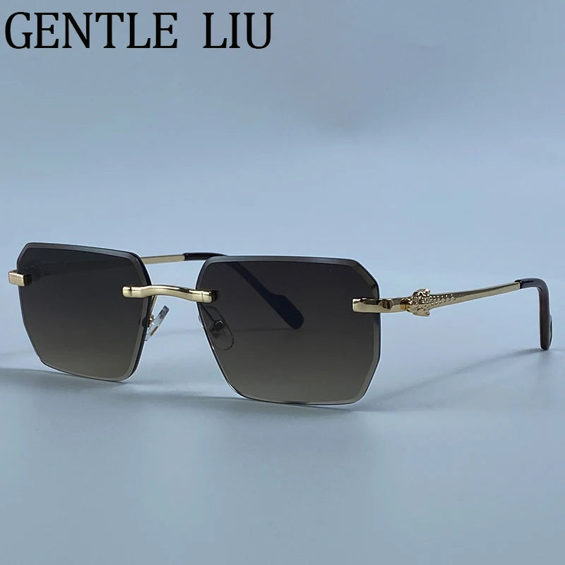 Geometric Square Rimless Sunglasses Women 2026 Luxury Designer Steampunk Leopard Head Metal Sun Glasses Ladies Shades Eyewear
