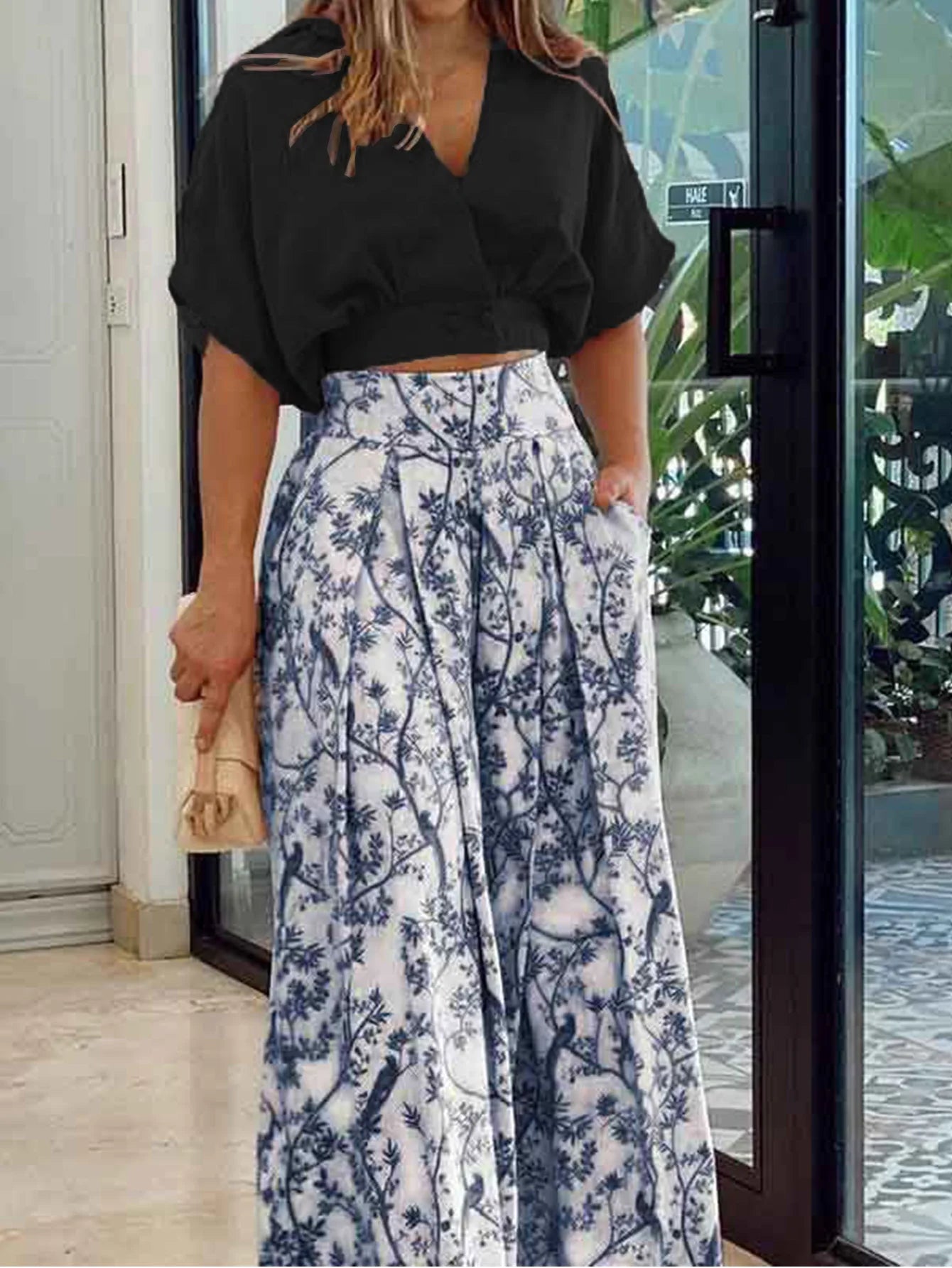 Floral Print V-Neck Top & Wide Leg Pants Set