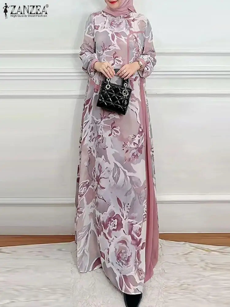 Patchwork Vintage Long Sleeve Printed Abaya Maxi Dress