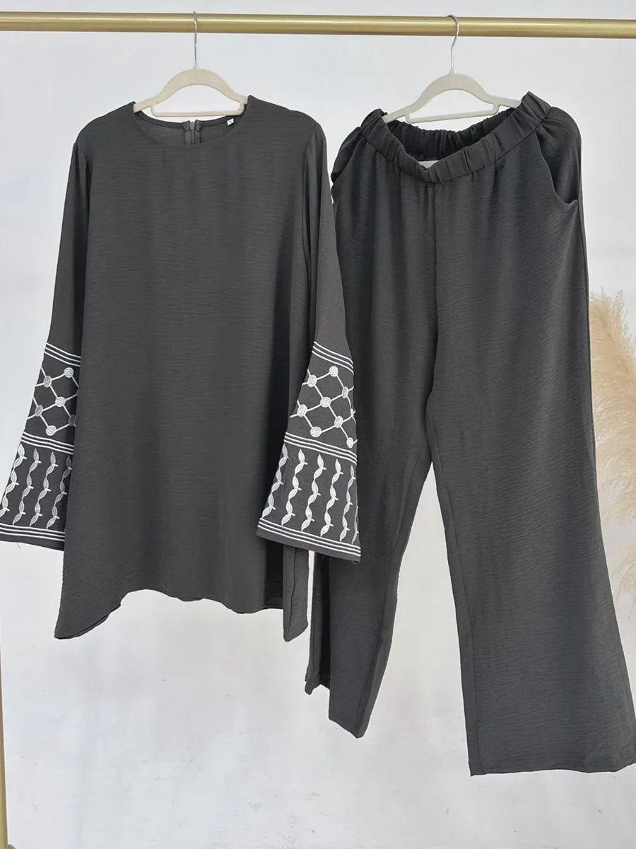 Muslim Abayas For Women Middle East Turkish Embroidery Top Plus Wide-Leg Long Pants Two-Piece Set Ramadan Islam Clothing Set