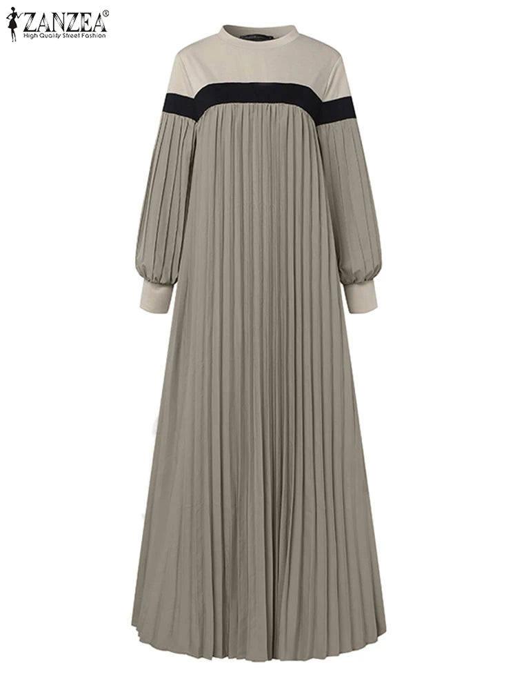 Lantern Sleeve Patchwork Pleated Abaya Maxi Dress