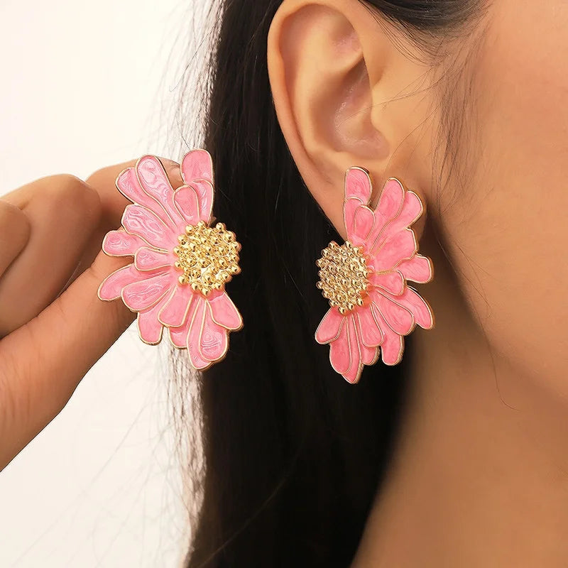 White Pink Metal Petal Flower Stud Earrings