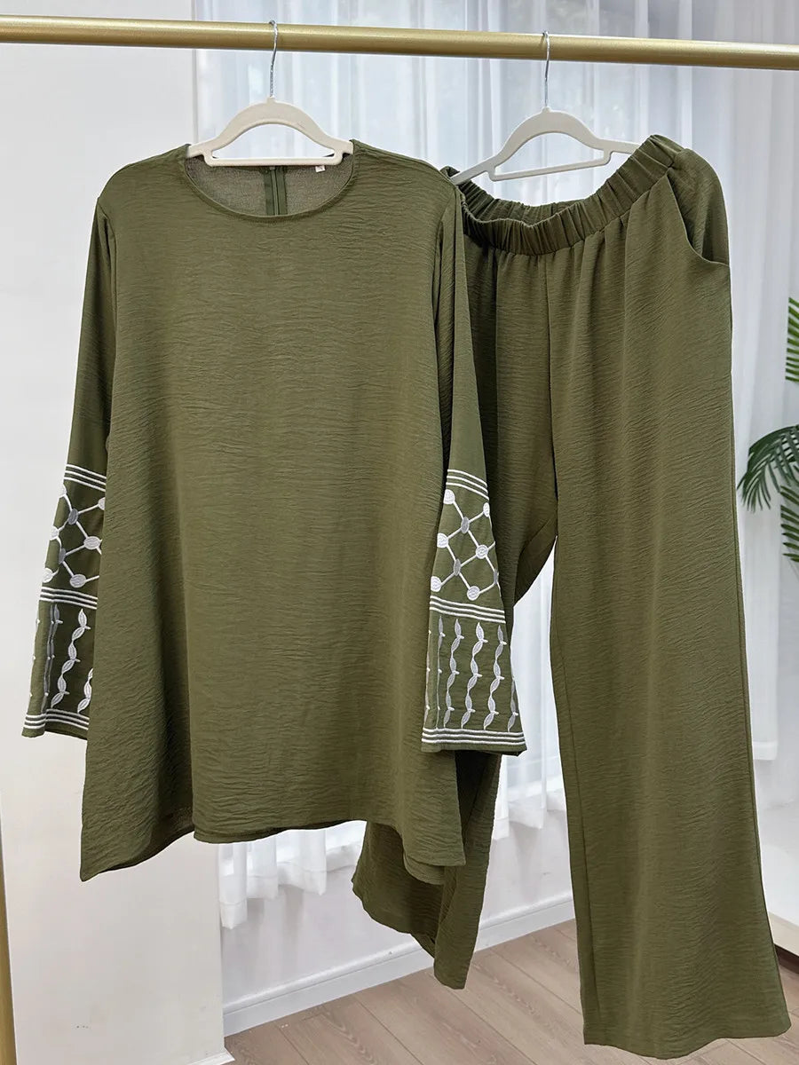 Muslim Abayas For Women Middle East Turkish Embroidery Top Plus Wide-Leg Long Pants Two-Piece Set Ramadan Islam Clothing Set