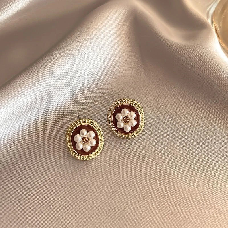 Wine Red Pearl Flower Stud Earrings
