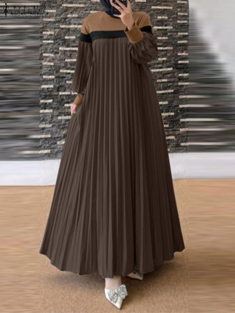 Lantern Sleeve Patchwork Pleated Abaya Maxi Dress