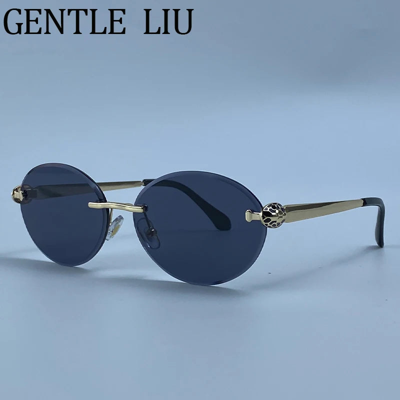 Steampunk Oval Rimless Sunglasses Women 2026 Luxury Brand Vintage Leopard Head Metal Frame Sun Glasses For Lady Driving Eyewear