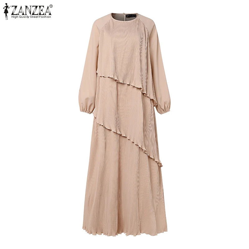 Layered Plissé Lantern Sleeve Abaya Maxi Dress