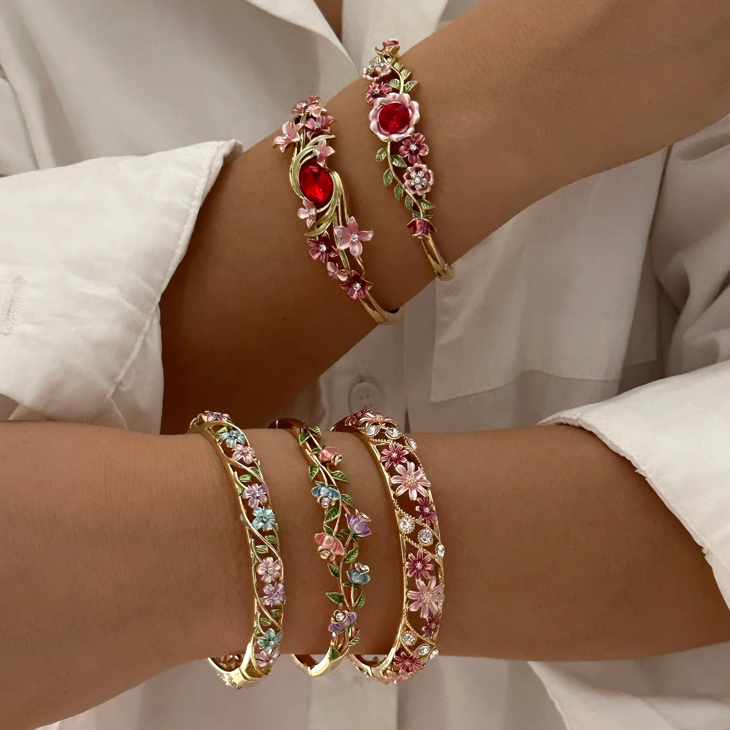 Enamel Flower Copper Bangle Bracelet
