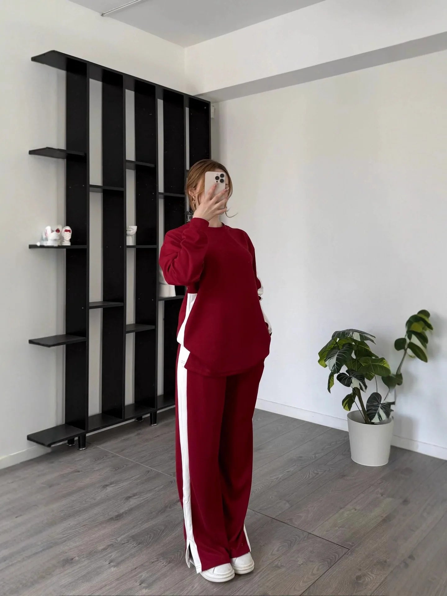 Women's Casual Color Matching Sports Two-piece Set Spring Autumn Fashion Round Neck Top+pants Suit With Slit Design Lady Outfit