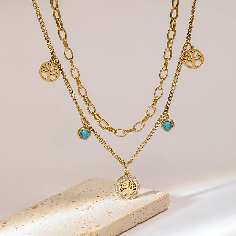 Green Stone Multilayer Pendant Necklace