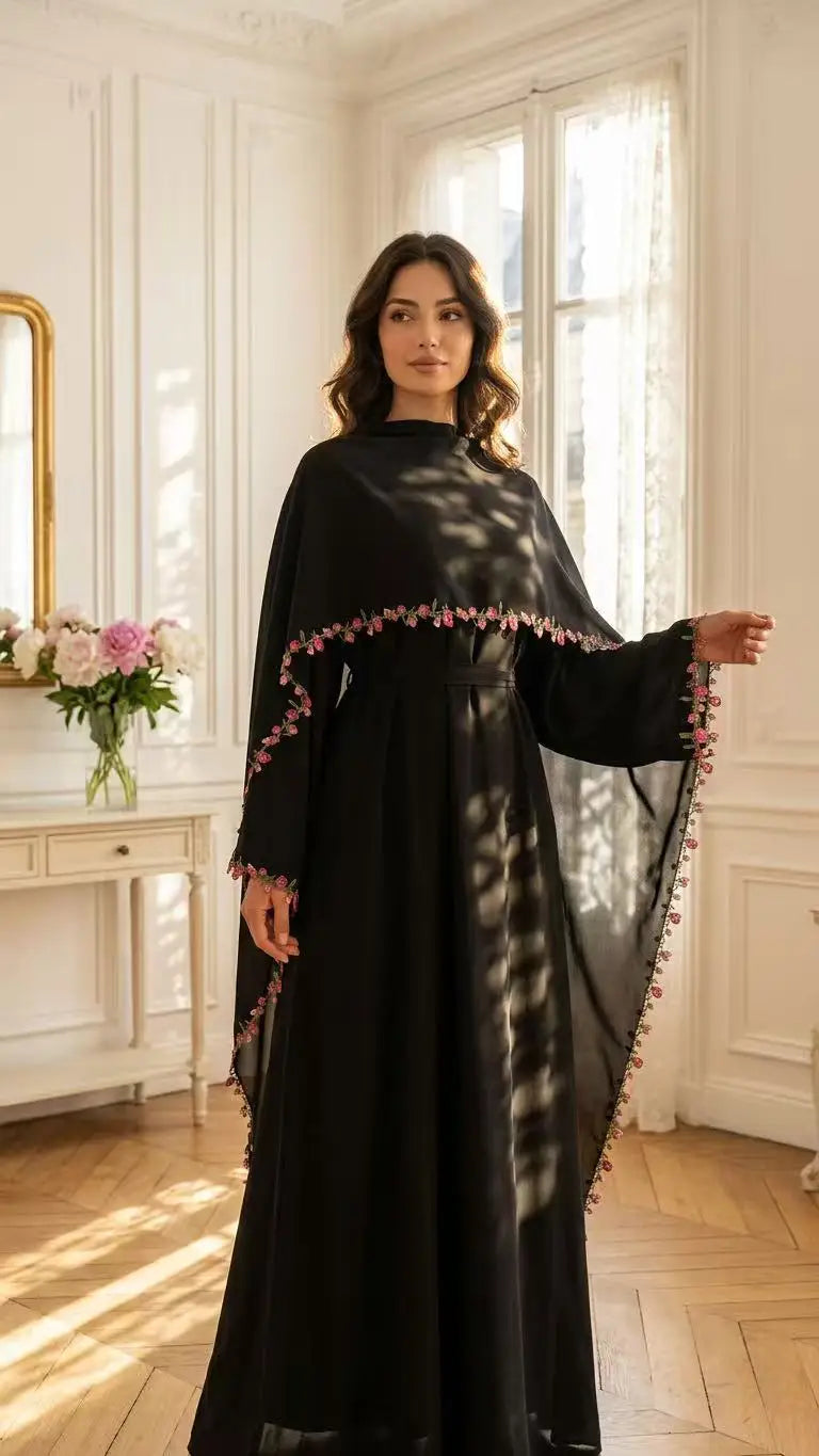 Rose Floral Trim Dubai Abaya with Hijab