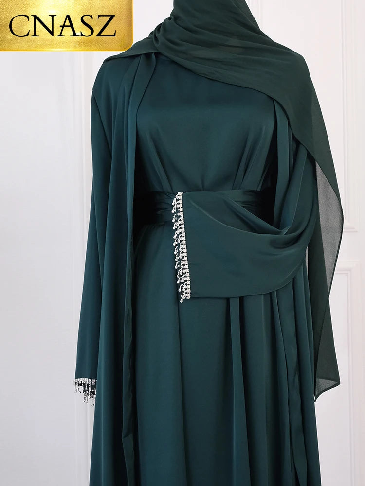 Crystal Chain Nida Black Abaya Evening Dress Set