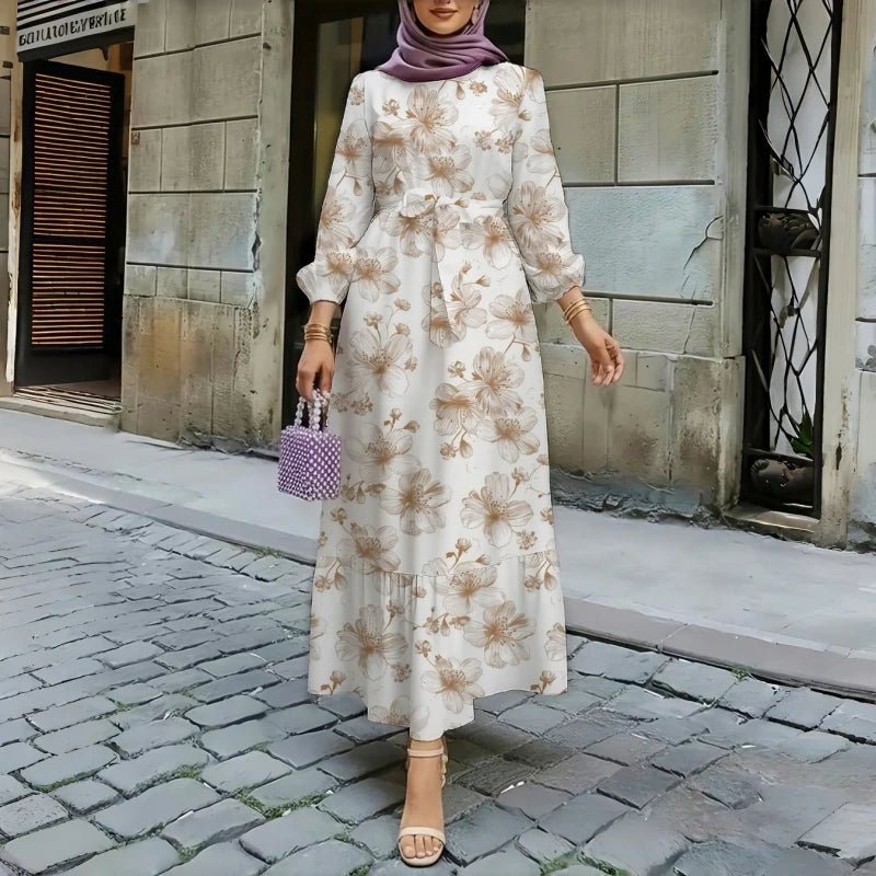 Floral Print Round Neck Ruffle Hem Modest Maxi Dress