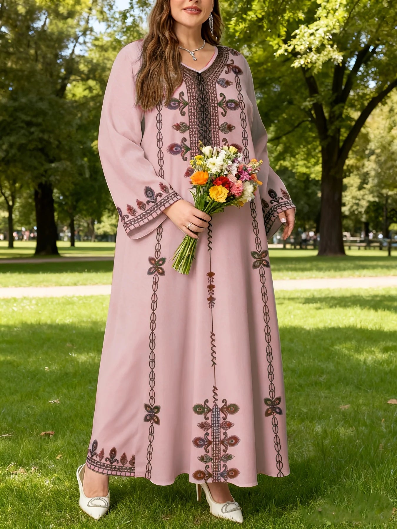 Plus Size Ethnic Print Long Sleeve Holiday Robe Dress