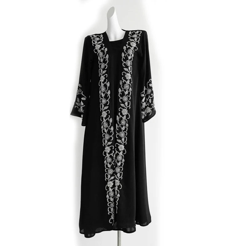 French Gold-Embellished Beaded Open Abaya