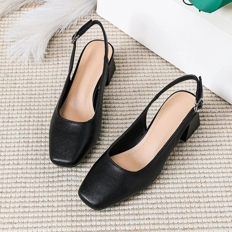 2025 New Mid Thick Heel High Heels Women's Shoes French Baotou Shallow Mouth Sandals Women's Summer Large Coarse Heeled Sandals