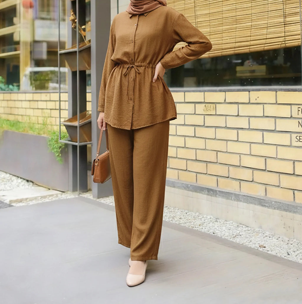 Shirts Suit Women Eid Shirt Wide Leg Pants 2 Piece Set Muslim Morocco Top Trousers Outfits Drawstring Ramadan Dubai Ensemble